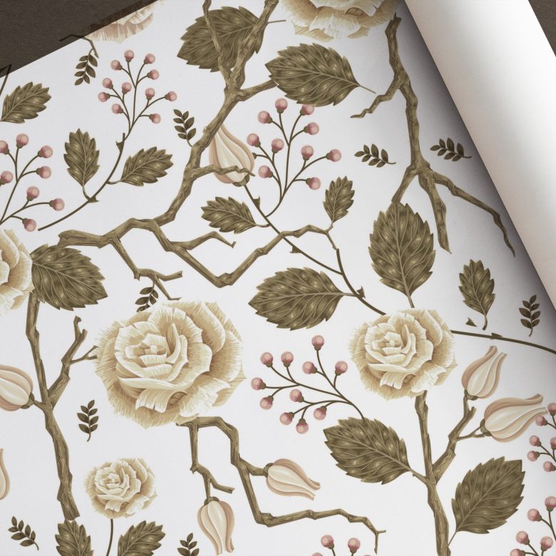 Floral wrapping paper mockup psd hand drawn vintage style, remixed from artworks by Pierre-Joseph Redouté